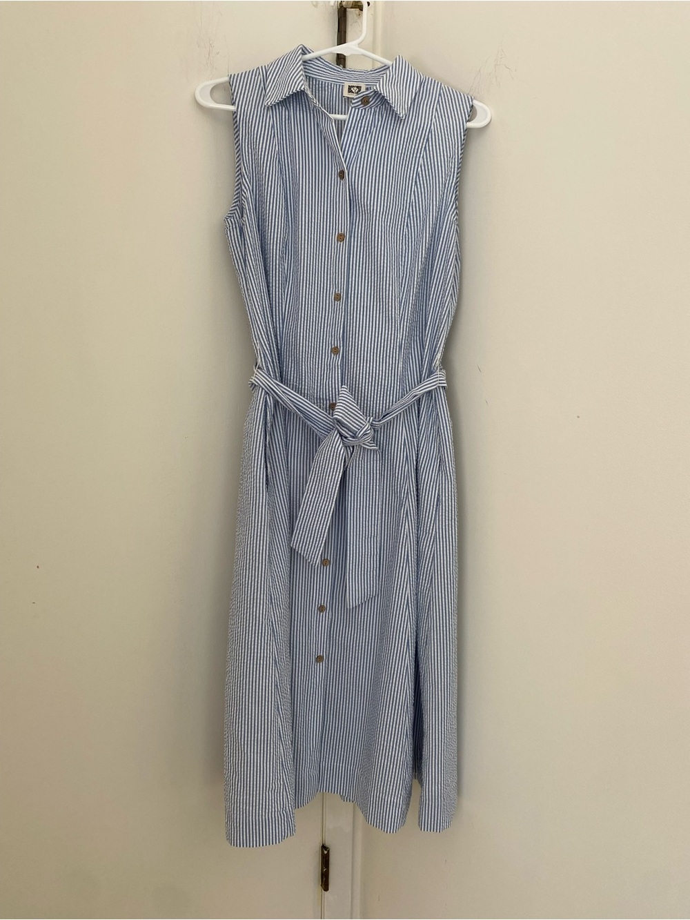 Seersucker Sleeveless Blue White Stripe Belted Shirt Dress Cottagecore Nauitical